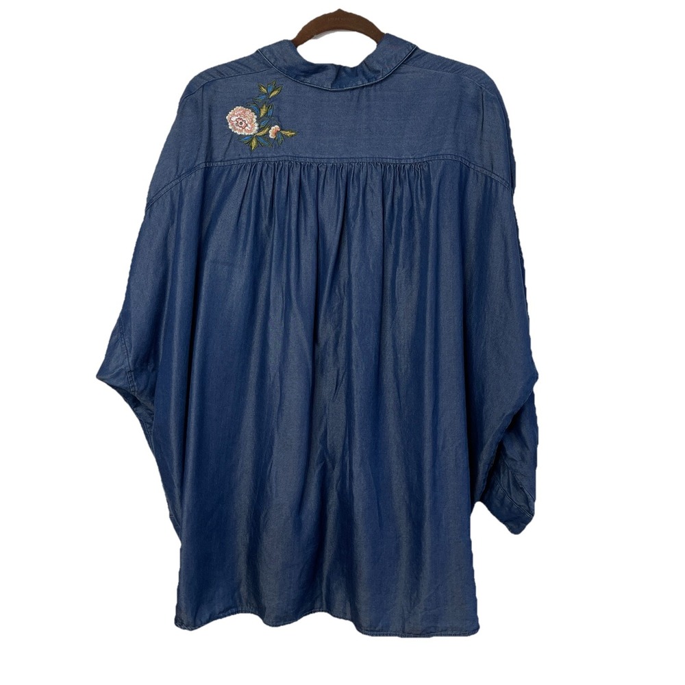 Zara‎ Oversized Batwing Denim Chambray Embroidered Tunic Women's Size M Western - Picture 5 of 10